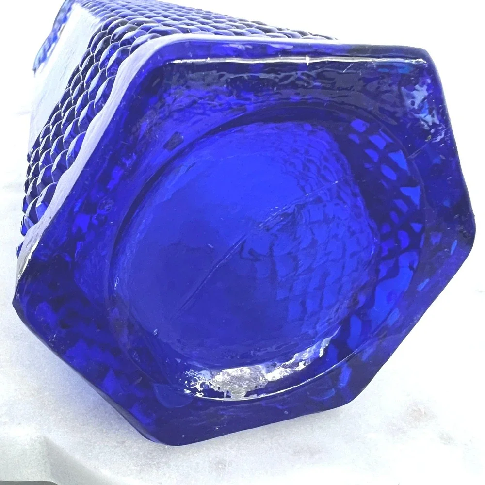 Cobalt Blue Glass‎ Bottle Hexagon Shaped w Cork Spain Diamond Embossed 12X3.5